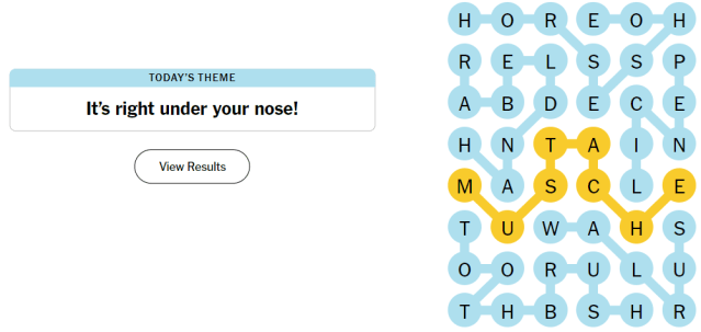 A fully answered NYT Strands board with mustache styles.
