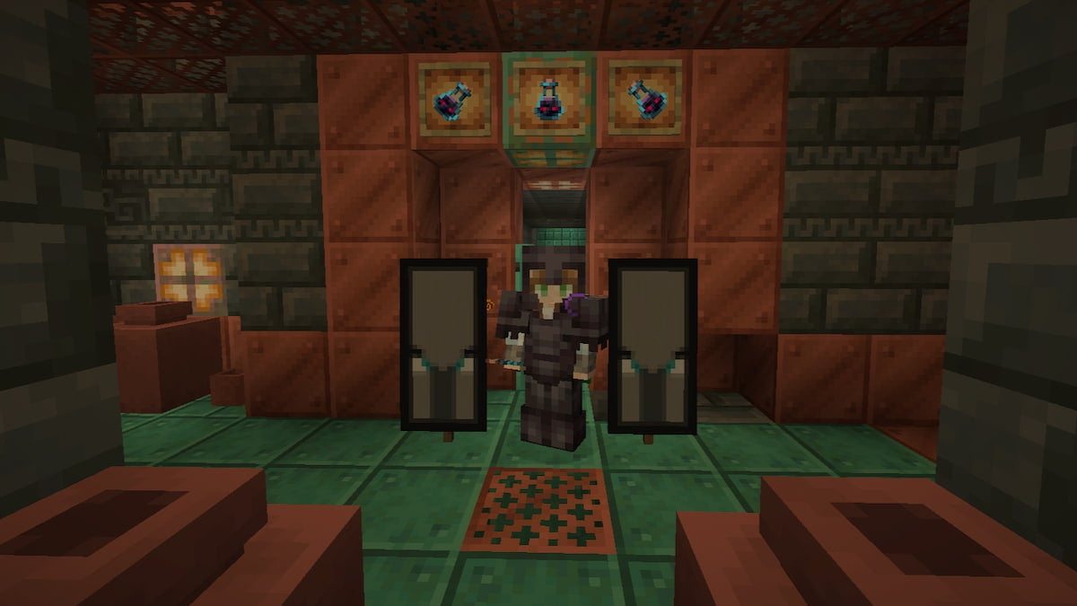The player holding an Ominous Bottle in Minecraft.