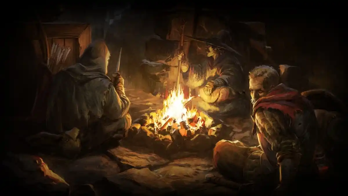 Characters sitting around a campfire in Dark and Darker.