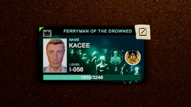 The sea green Ferryman of the Drowned ID Card and Badge with ghosts floating across it in Phasmophobia.