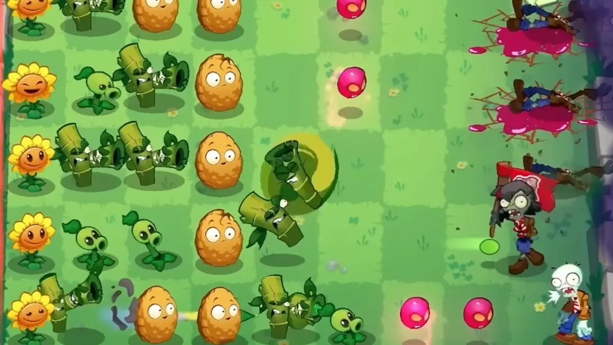 Screenshot of Plants vs. Zombies 3 gameplay featuring Sunflower, Peashooter, and Wall-Nut plants defending against approaching Zombies.