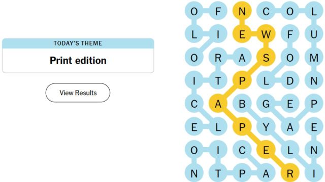 The solved puzzle for the Print Edition Strands with NEWSPAPER highlighted in yellow.