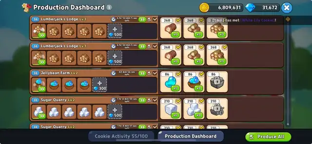 The Production Dashboard in Cookie Run: Kingdom.