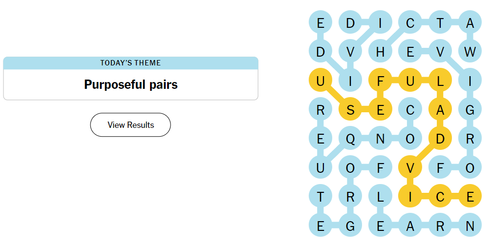 Image showing a word search puzzle with the theme 'Purposeful pairs.' Letters of highlighted word "USEFULADVICE" are connected by a path of yellow circles.