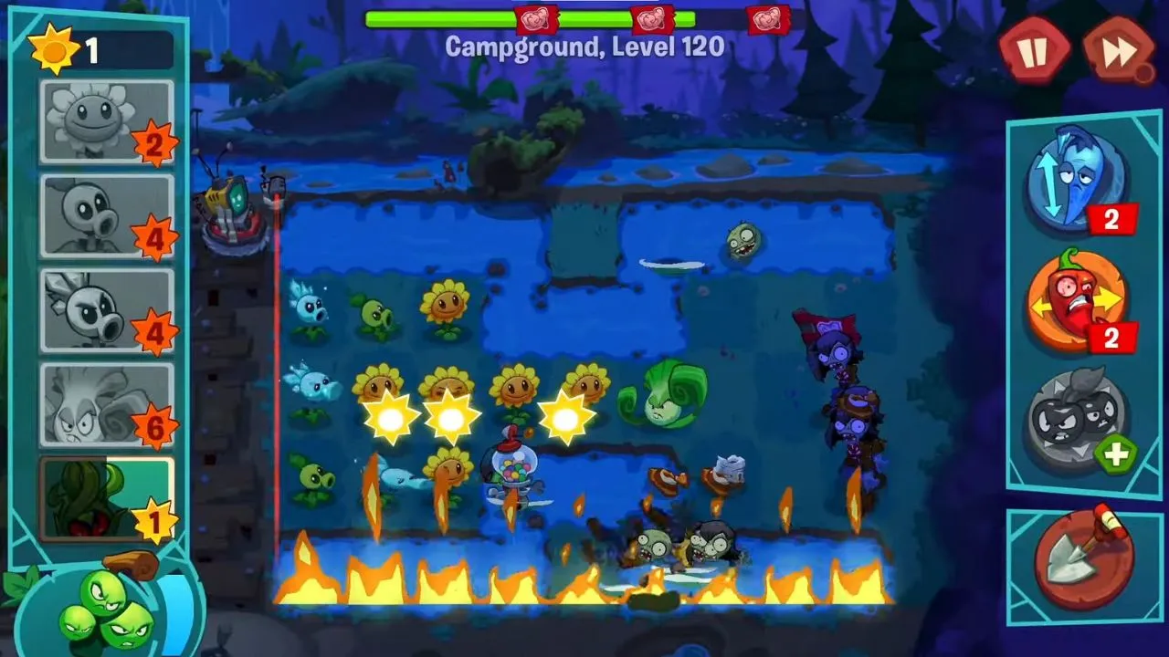 Plants vs. Zombies 3 gameplay screenshot at Campground, Level 120, featuring Sunflower, Peashooter, and Bonk Choy plants defending against various Zombies.