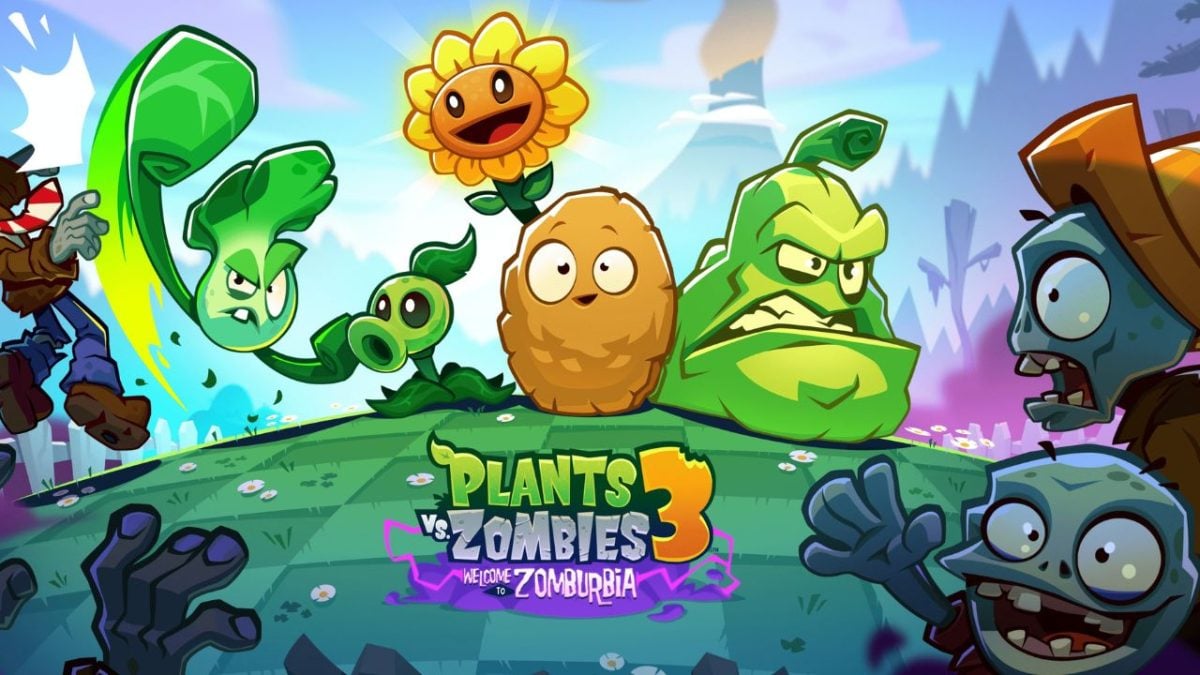 Image featuring key characters from Plants vs. Zombies 3. Characters include the Peashooter, Sunflower, Wall-nut, and Bonk Choy on the left side, facing off against various Zombies