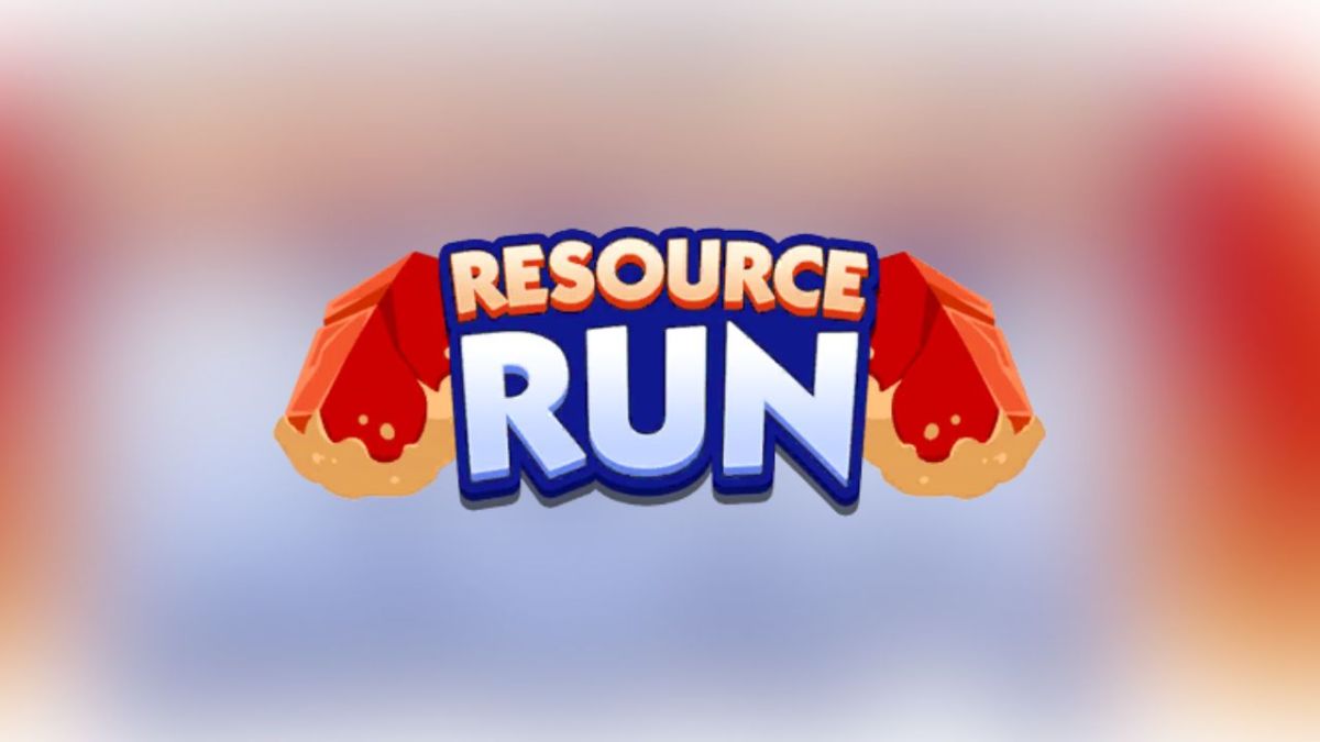 Image with the text 'Resource Run' in bold letters, featuring red gems on both sides of the text, set against a blurred background.