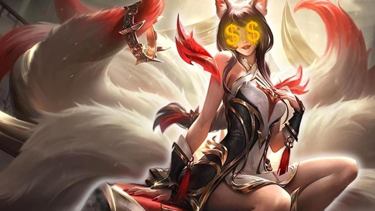 Risen Legend Ahri skin themed around the Faker Hall of Fame League of Legends bundle with big gold dollar signs on her eyes