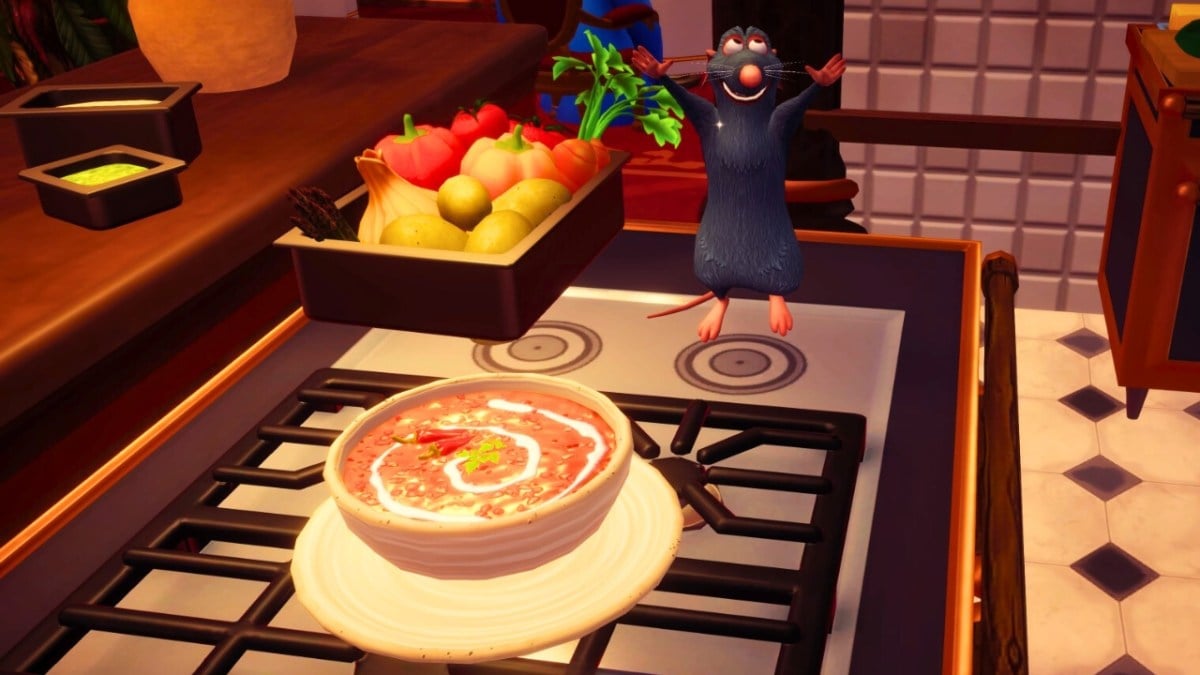 Remy next to a bowl of ruby masoor dal in disney dreamlight valley