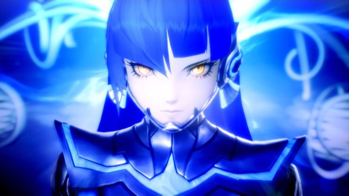 Shin Megami Tensei V Vengeance's Nahobino looking at the camera on a blue background.