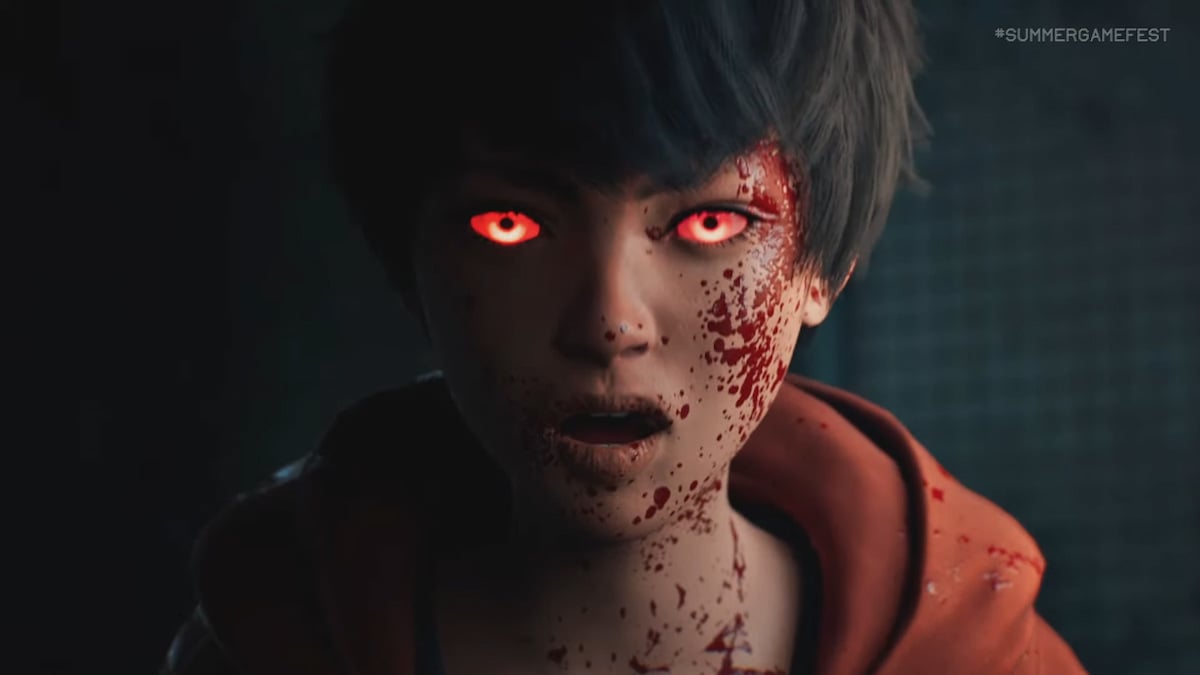Slitterhead gameplay trailer screenshot featuring a Japanese boy with red glowing eyes