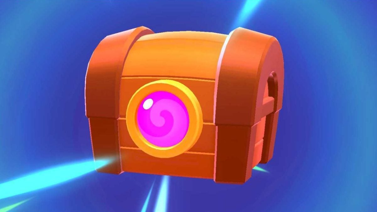 Image of a treasure chest from the game Squad Busters, featuring a vibrant orange chest with a pink, swirling gem on the front, set against a dynamic blue background.