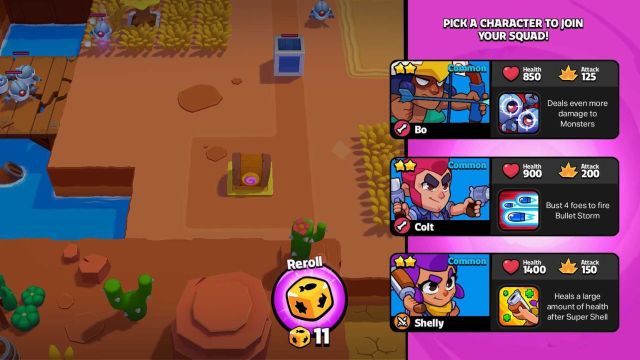 Screenshot from Squad Busters showing the selection of a character to join your squad. Options include Bo, Colt, and Shelly, each with their stats and abilities displayed.