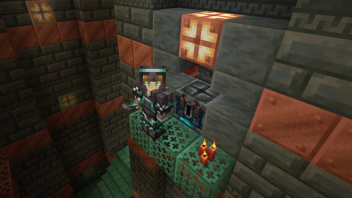Standing by an Ominous Vault in Minecraft.