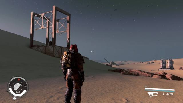 Starfield character in Earth now featuring human-themed structures with the Human Activity on Earth mod