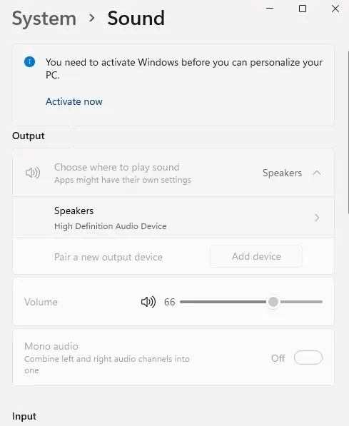Default audio settings in Windows.