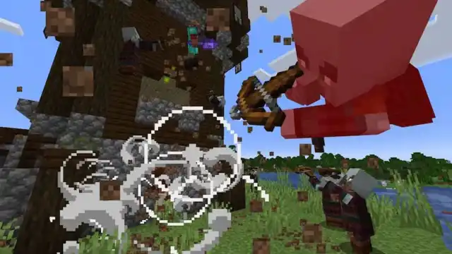 A player in Minecraft using a Mace against Pillagers.