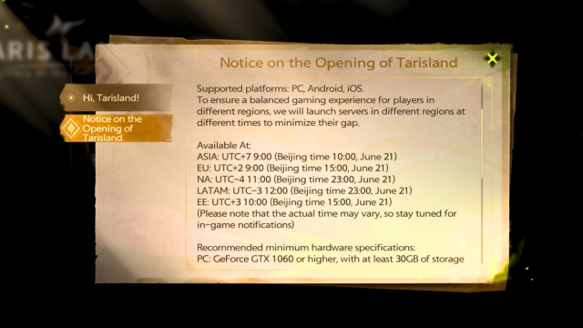 tarisland new server launch times