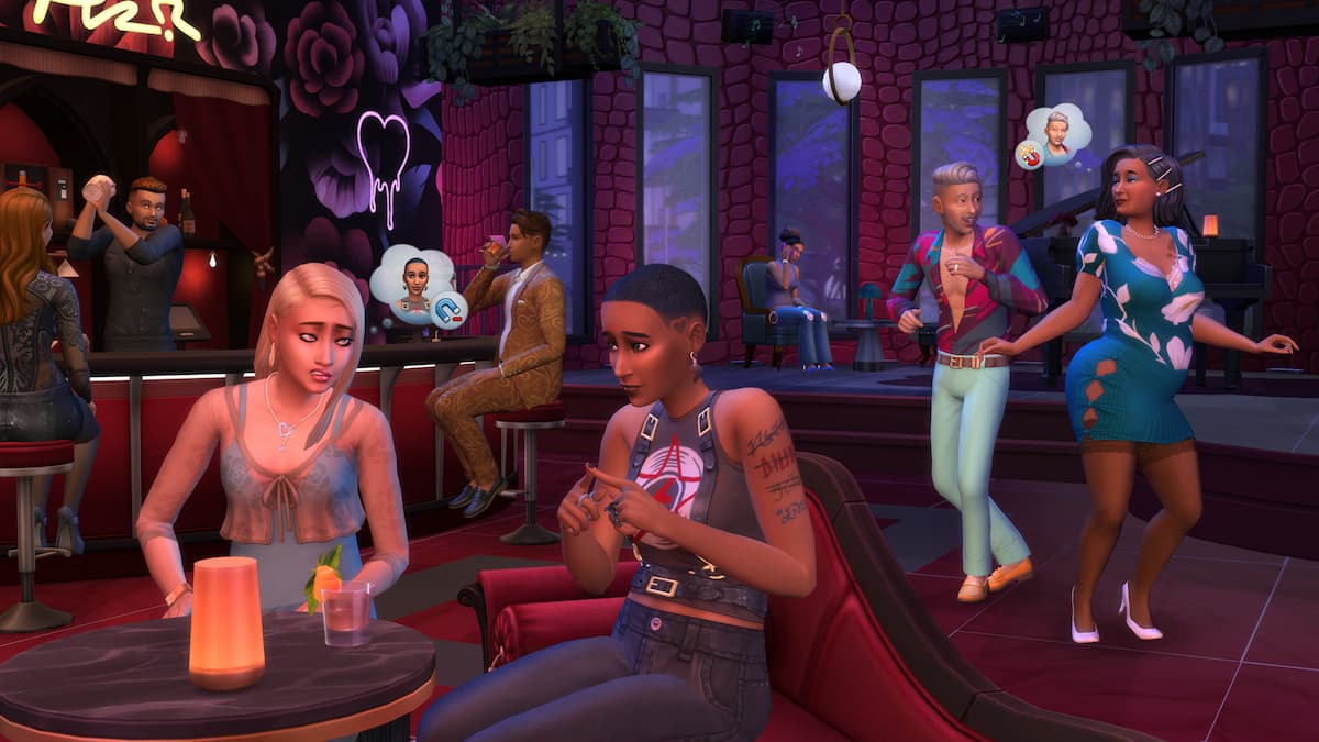 Several Sims flirting in a bar.