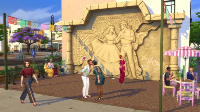 Two sims kissing in front of a mural in the Sims 4.