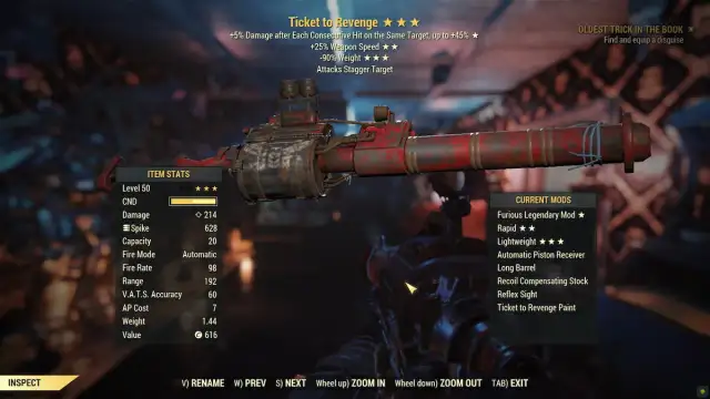 Ticket to Revenge railway rifle in Fallout 76 in-game UI with current mods and items stats