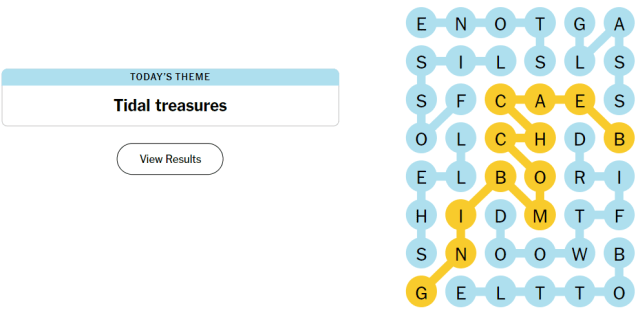 Screenshot showing Strands with the theme 'Tidal treasures.' Letters of highlighted word 'BEACHCOMBING' are connected by a path of yellow circles.
