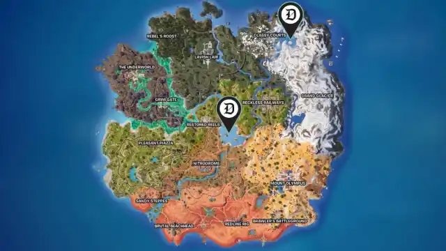 Two fishing spots marked on the map in Fortnite.