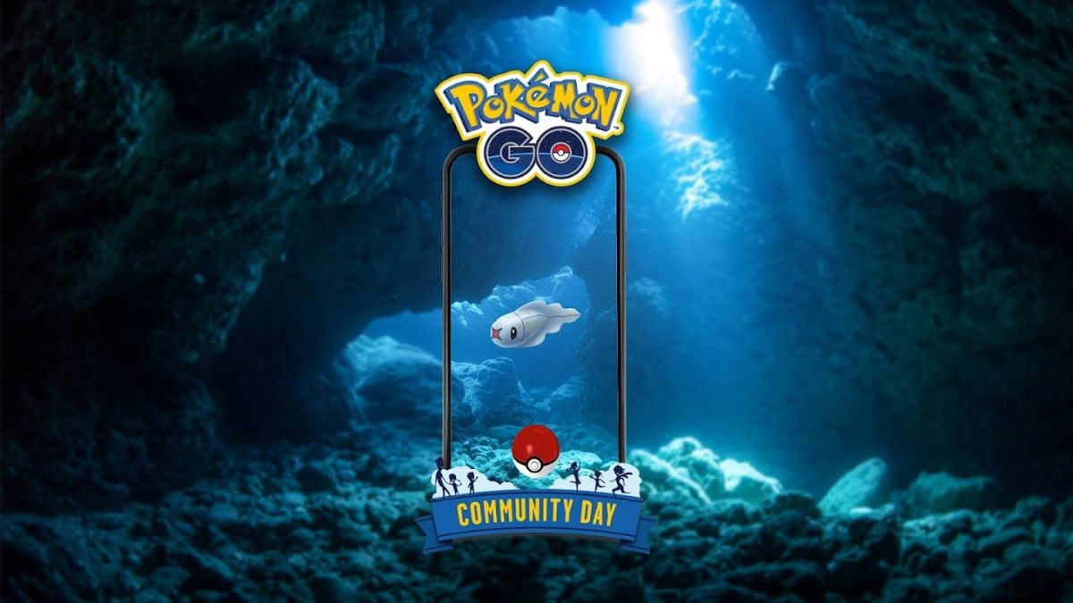 The Ele-Fish Pokemon, Tynamo, featured against a seafloor background for Community Day in Pokemon Go.