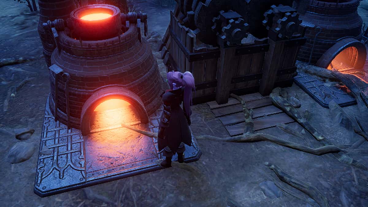 V Rising character in front of a furnace.