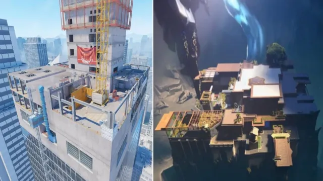 VALORANT's Abyss on the left and CS2's Vertigo on the right. Both maps in bird's eye view