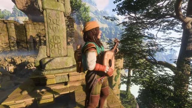 Valory the Bard playing a lute in Enshrouded.