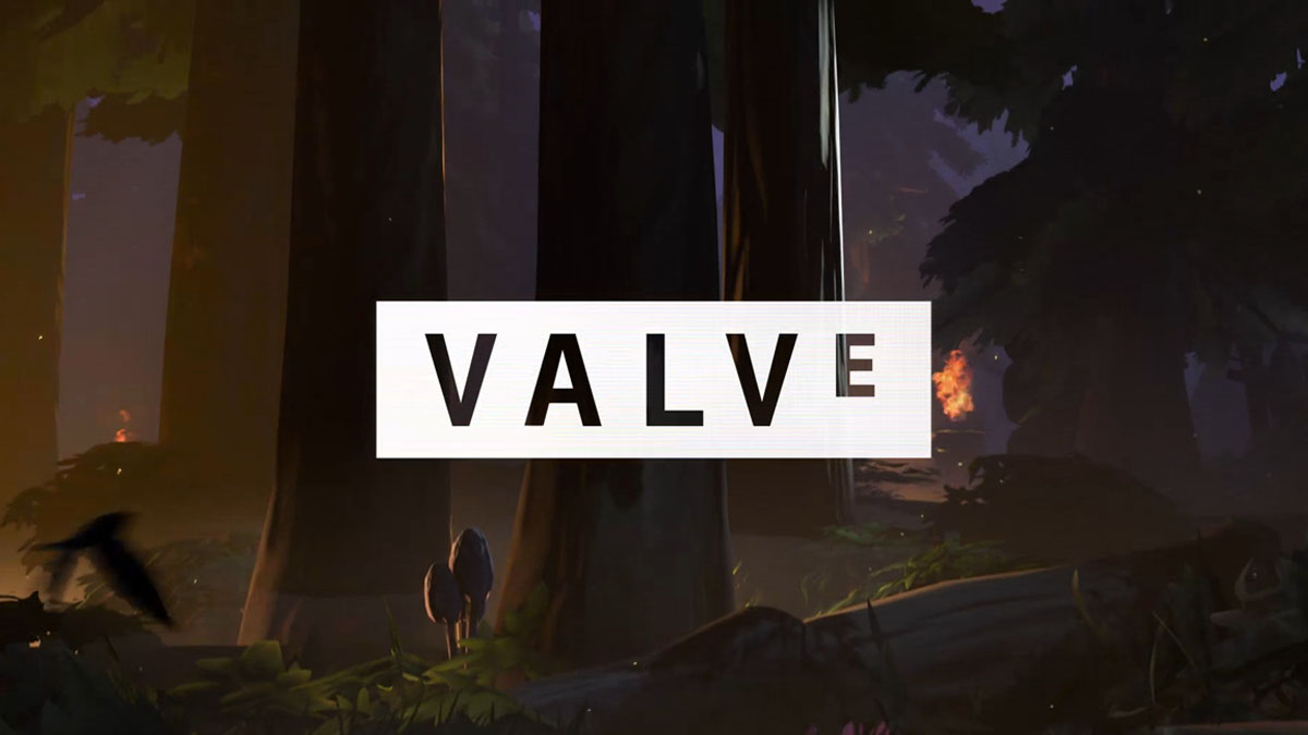 The Valve logo in front of a forest of trees.