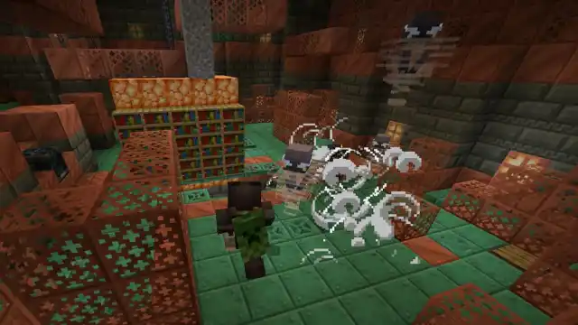 Fighting using the Wind Burst Mace enchantment in Minecraft.