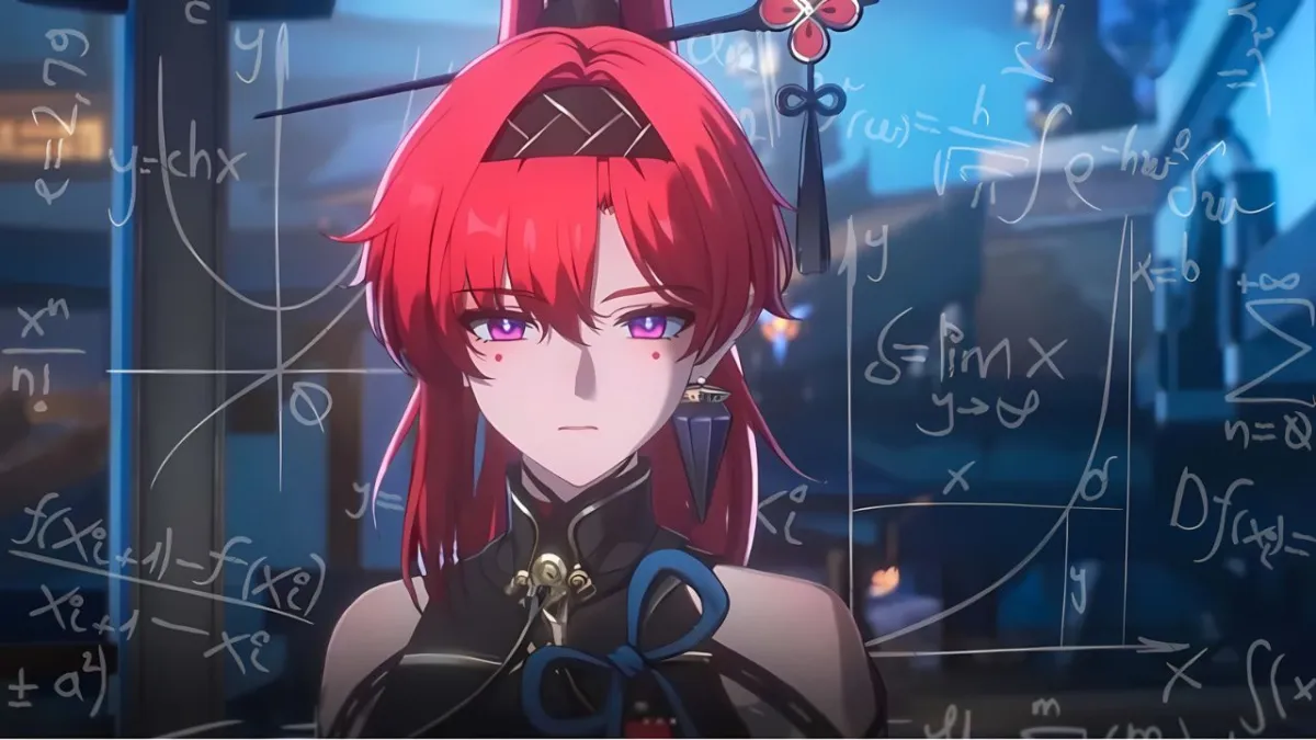 Image edit of Yinlin with complex math calculations behind her.