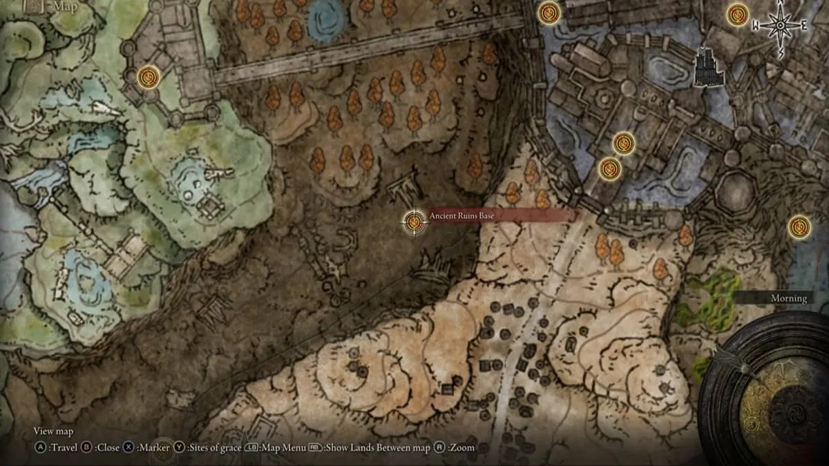 Elden Ring map showcasing the Ancient Ruins Base Site of Grace