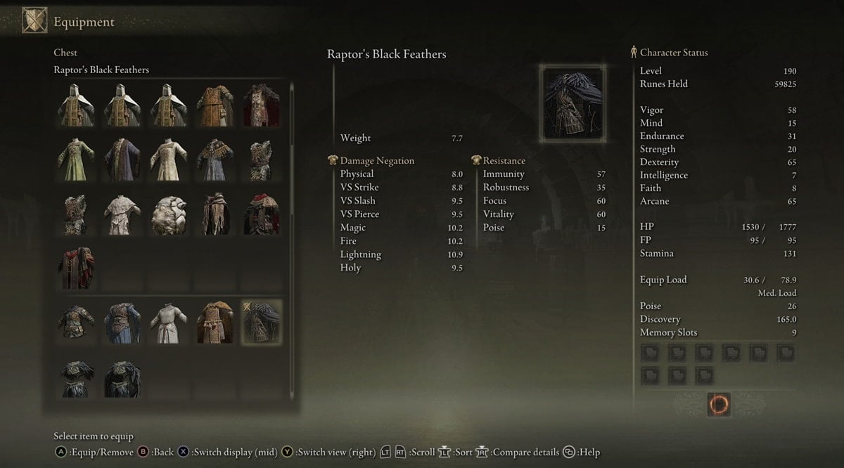 Inventory showcase highlighting the Raptor's Black Feathers chest armor in Elden Ring