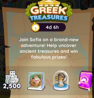 Description of Greek Treasures and rewards in Monopoly GO