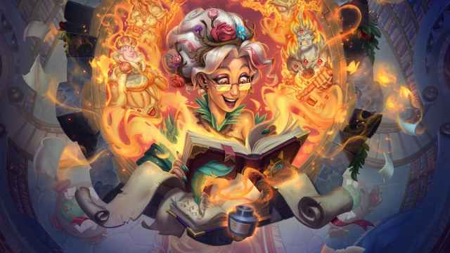 A woman from Hearthstone reading a magic book.