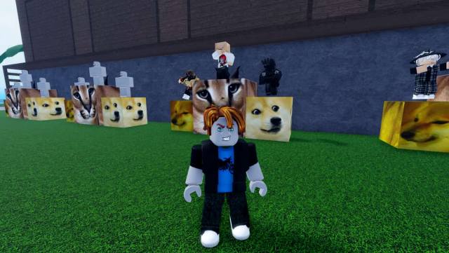 Picture of the player in Meme Sea Roblox standing with other players.
