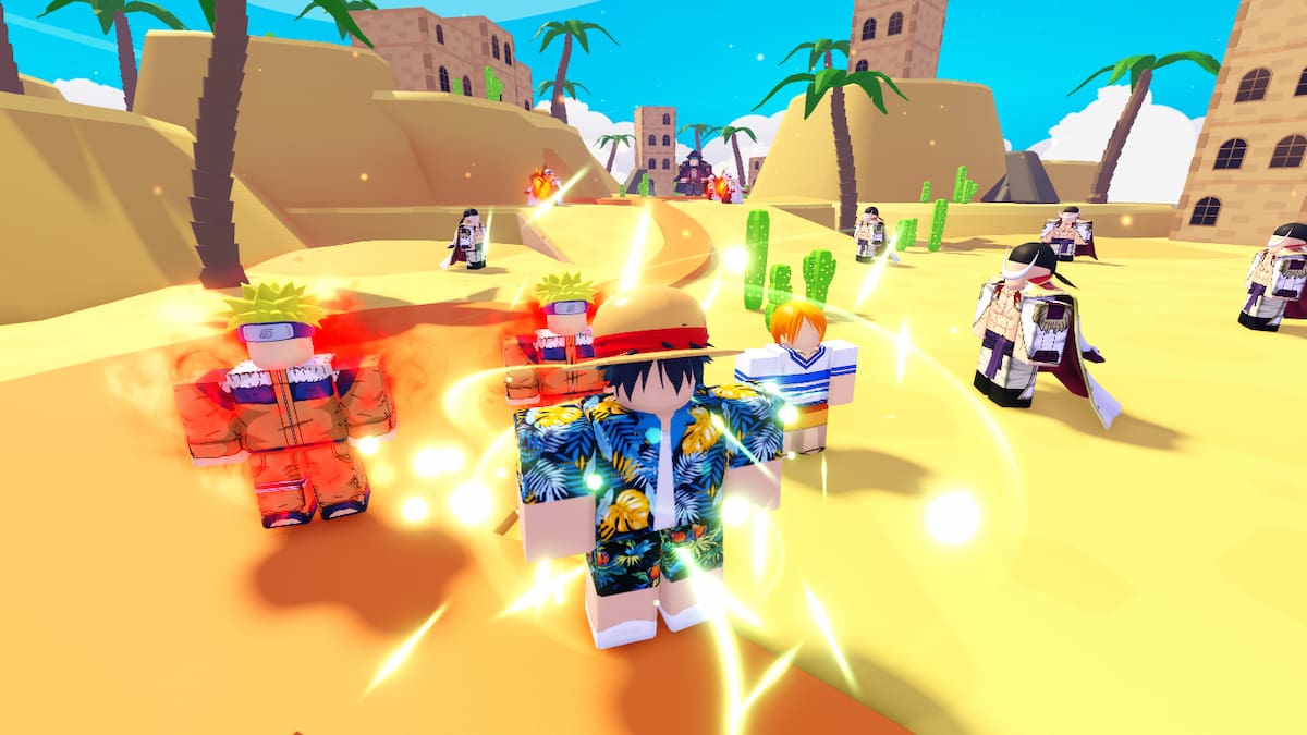 Picture of players running around with their anime champions in Anime Destiny Simulator in Roblox.