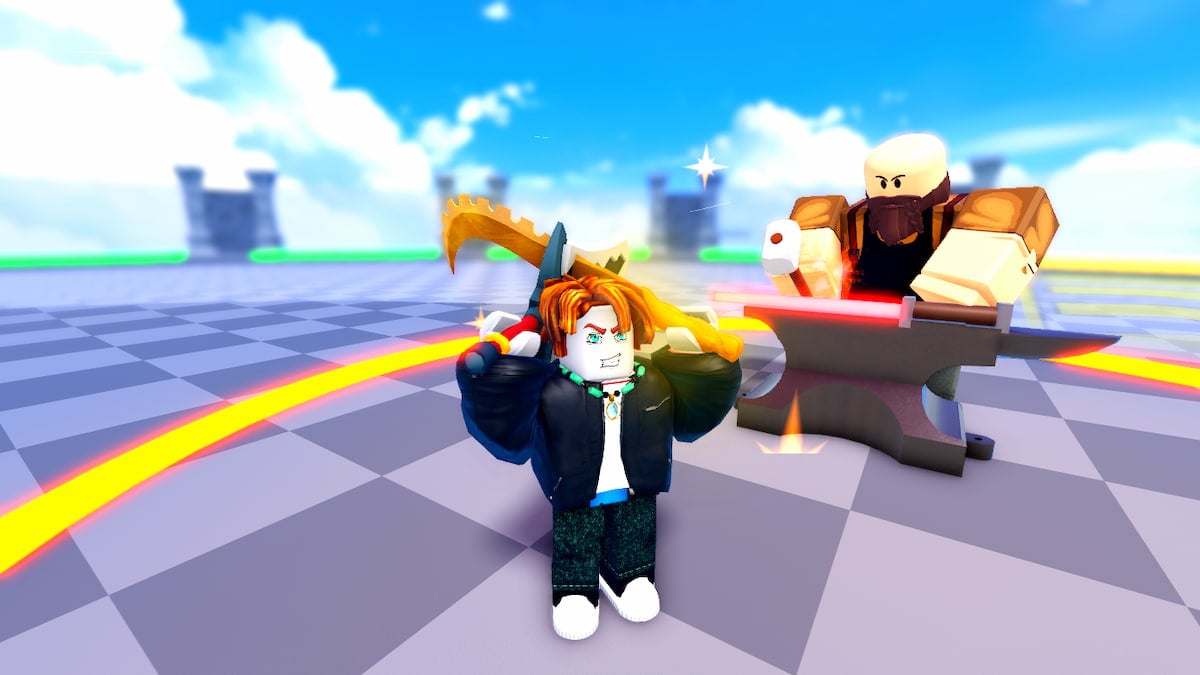 Picture showcasing player with rare swords in Dungeon RNG Roblox.