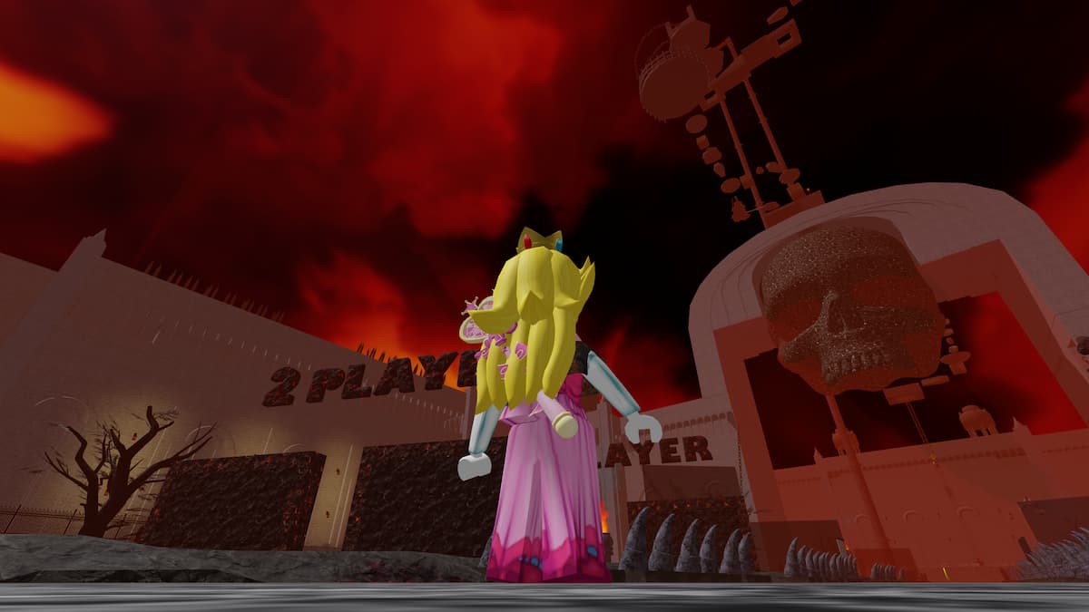 Roblox character is standing in front of the gates of hell