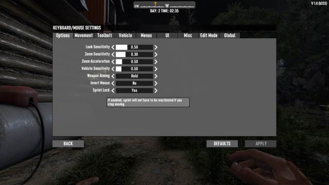 7 Days to Die options showing movement controls