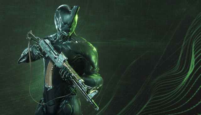 An Excalibur holding the AX-52, reminiscent of the real-life AK-47 rifle. The image has a green hue inspired by tech themes from the 1990s, including the Matrix movies.