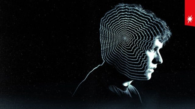Stefan Butler from Black Mirror: Bandersnatch stares into the distance, drawn as a cross section of his head is a repeating outline of his side-profile.