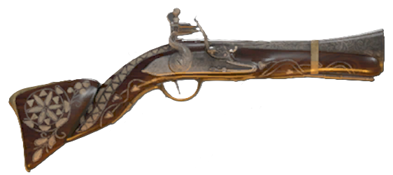 A blunderbuss in Flintlock with an intricate floral design on the barrel.
