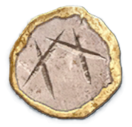 An image of a beige coin with four lines that make a house-like pattern.