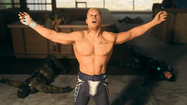Cody Rhodes celebrates in Modern Warfare 3 as a digital Call of Duty Operator skin.