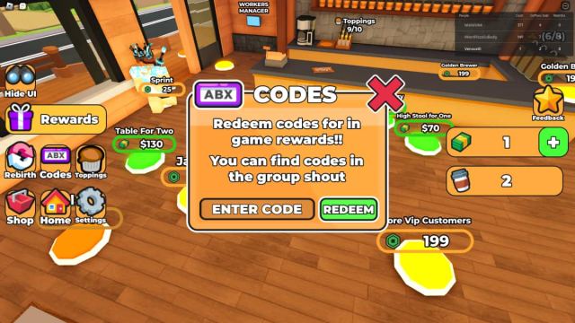 A screenshot showing the codes page in Coffee Shop Tycoon.