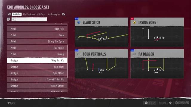 A screenshot showing plays from the Army playbook in College Football 25.
